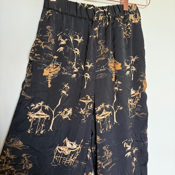 MNG Pants Womens XS Black Gold Asian Print Trouser Boho Silky High Waist Lounge - Picture 5 of 8